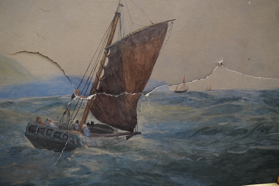 Late 19th/early 20th century, watercolour, Shipping scene, 43 x 77cm. Condition - poor